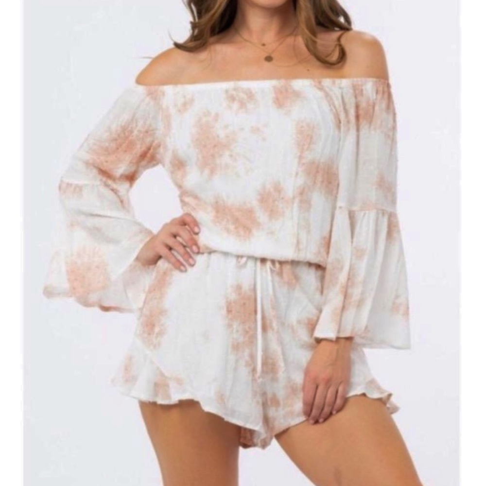 Sage pink white tie dye bell sleeve off-shoulder romper size small